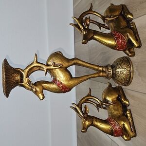 Elegant Gold and Red Deer Figurine Set